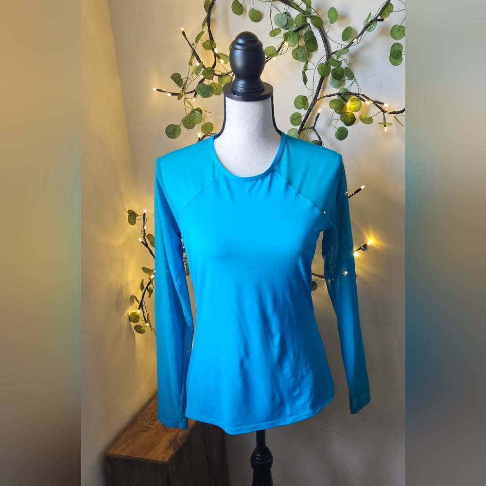 Skye long sleeve blue top blouse tee large sleeves and shoulders are sheer